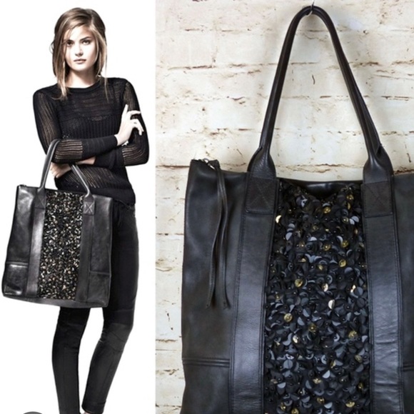 All Saints Handbags - ALL SAINTS Spitalfields Bolshevik Dark Brown Leather and Sequin Tote Bag.